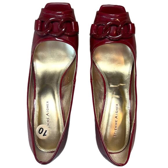 ETIENNE AIGNER Nigela Red Patent Peep Toe Pumps Women’s 10 3.5” Block Heel - Picture 2 of 9
